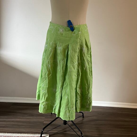Y2K 2000s Green Linen Floral Embroidered Maxi Skirt Sz 14 Fairycore - Picture 6 of 8